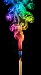 A burning match with colorful smoke in black background 