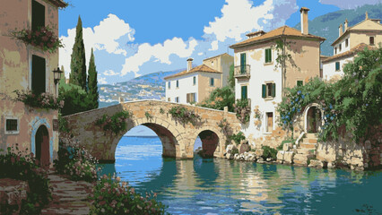 Wet Village a coastal town scene, featuring vibrant isolated watercolor vector illustration svg