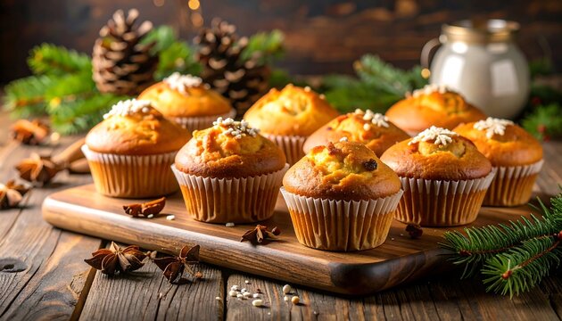 Festive muffins on a wooden board
