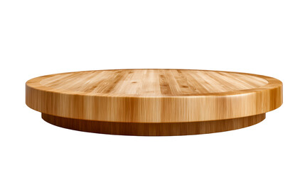 Round wooden table with a polished finish on a transparent background