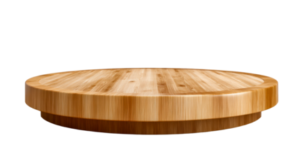 Round wooden table with a polished finish on a transparent background