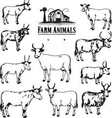 Collection of Farm Animal Illustrations Black and White Cow Set with Barn and Windmill Accent Farm Animals Lettering