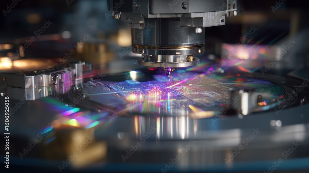 Poster advanced photolithography machine projecting intricate designs onto a neuromorphic processor wafer. 