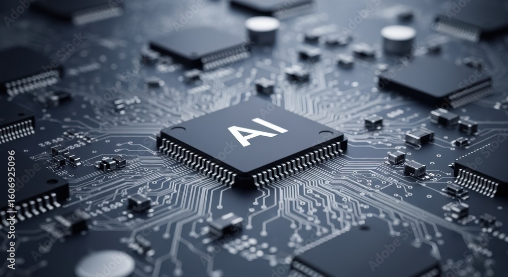 Poster electronic engineering detail showing ai semiconductor on complex circuit substrate.