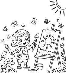 Child Holding Paintbrushes Coloring Template. Cute illustration of a child with paintbrushes and an easel, ready to paint outdoors.