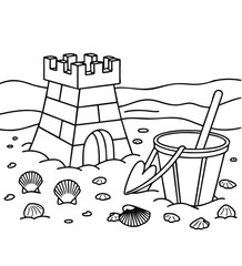 Sandcastle on a Sandy Beach Coloring Template. A strong castle-like sandcastle by the sea surrounded by seashells and beach tools.