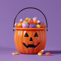A Halloween basket filled with candy and a pumpkin with a scary face. The basket is orange and the pumpkin is orange and black