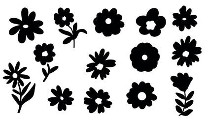 Collection of hand drawn black silhouette flowers on white background,A set of diverse, simple, black floral silhouettes with varied petal shapes and centers..