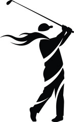 Dynamic Silhouette of a Female Golfer Swinging Club, Powerful Stroke, Elegant Sport, Competition, Hobby, Isolated on White Background for Design.