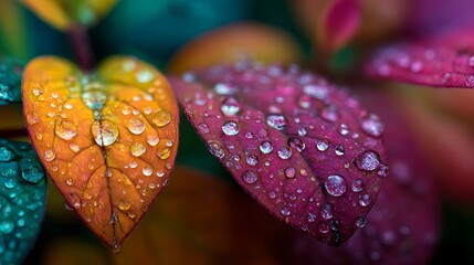close up of clear dew drops on bright colorful leaves natural setting