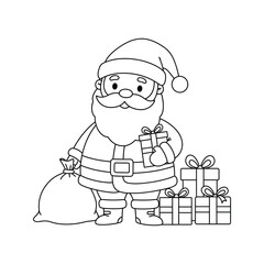Cute Santa Claus Cartoon Coloring Page with Presents and Sack