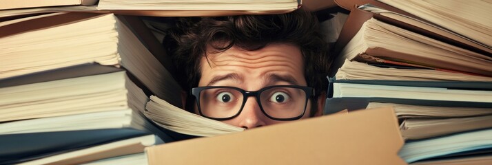 Stressed college student with eyeglasses hiding under a huge pile of books and documents, having trouble dealing with excessive workload and upcoming deadlines