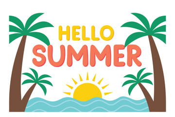 Obraz premium Hello Summer Cartoon Illustration with Palm Trees, Sun, and Ocean Waves Design