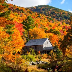 Autumnal mountain landscape with rustic barn