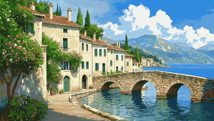 Harbor Hues a coastal town scene, featuring vibrant isolated watercolor vector illustration svg