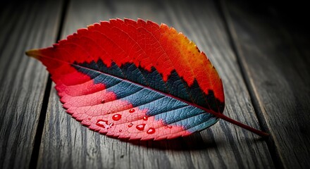 A Colorful Autumn Leaf with Water Droplets on Wooden Background 