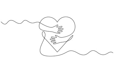 Continuous one line drawing of heart symbol with hand embrace vector illustration. Editable outline