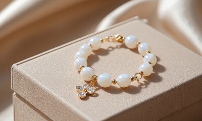 Elegant white beaded bracelet with a delicate gold clasp and crystal butterfly charm