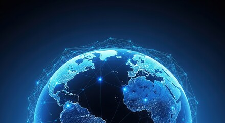 Glowing blue earth with digital network overlay illustrating global connectivity and technology