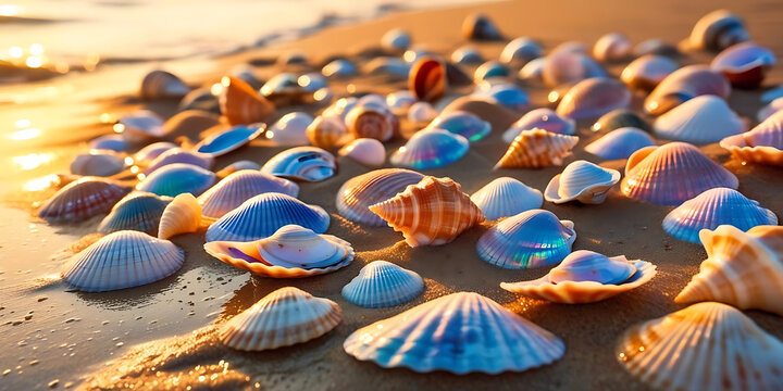 Seashells on Wet Sand at Sunset