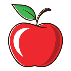Fototapeta premium Red Apple Illustration with Green Leaf, Outlined in Brown, Artistic Presentation