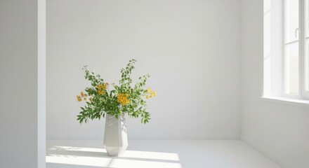 Fototapeta premium Bright Sunlit Room with White Walls and Large Window Featuring Green and Yellow Flower Arrangement