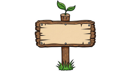 A Wooden Signboard with Green Leaf and Grass Cartoon in transparent background 