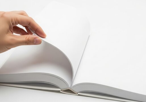 A closeup of a hand turning the blank pages of an open book symbolizing learning and discovery
