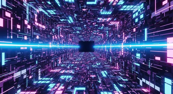 Journey through a vibrant digital cyberspace tunnel filled with glowing neon lights and intricate circuit board patterns - Powered by Adobe