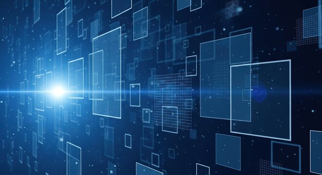 Abstract digital grid with a bright blue light source and binary code elements