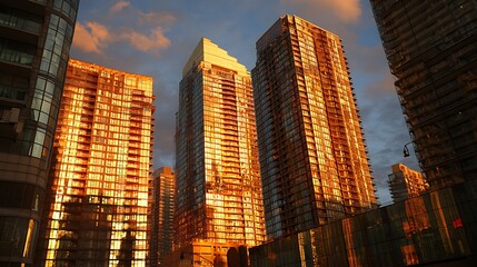 Evening reflections on urban towers with warm glow