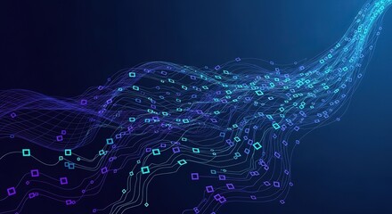 Abstract digital wave of data and binary code flowing through a dark blue futuristic network