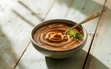 A photograph showcasing a small, rustic ceramic bowl filled with "Dulce de Leche". The creamy caramel dessert glistens under soft, natural light, its surface displaying a swirling pattern. A vintage w