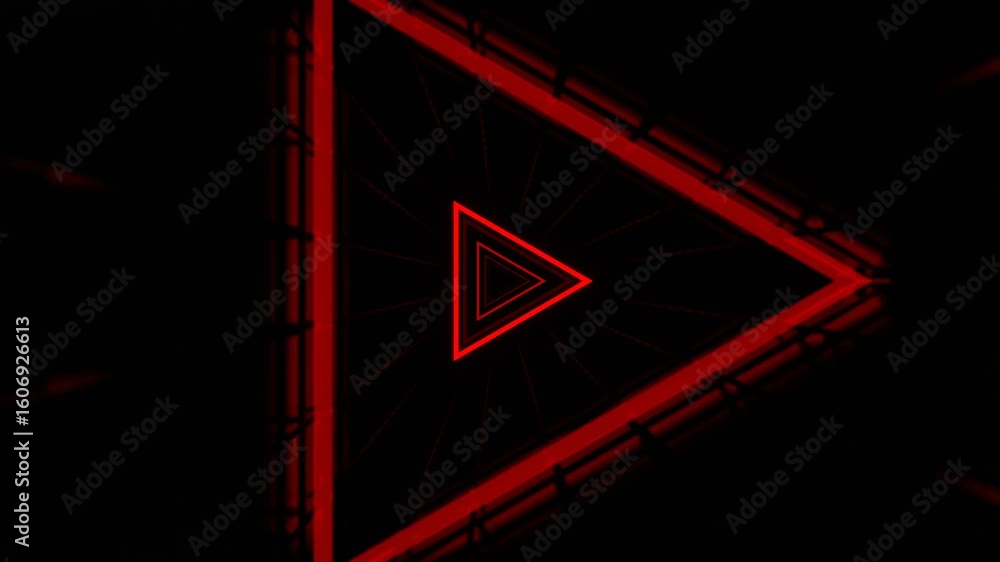 Poster abstract futuristic tunnel of glowing red concentric triangles on a dark background, creating a hypn