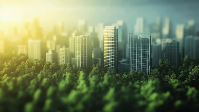 Skyscrapers stand in the background bathed in sunlight, while a dense forest in the foreground blurs the divide between nature and urban architecture. - Powered by Adobe
