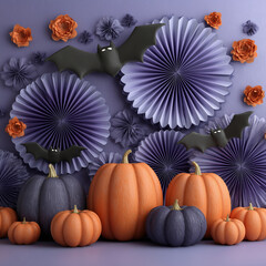 A Halloween scene with pumpkins and bats. The pumpkins are orange and purple, and the bats are black. The scene is set against a purple background