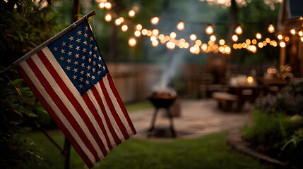 Independence day celebration. American flag backyard barbecue, summer evening, string lights, festive, family gathering holiday, 4th july