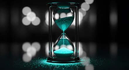 A Glowing Hourglass with Neon Sand in Dark Bokeh Background