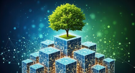 Lush green tree flourishes atop futuristic digital cityscape representing sustainable technology growth