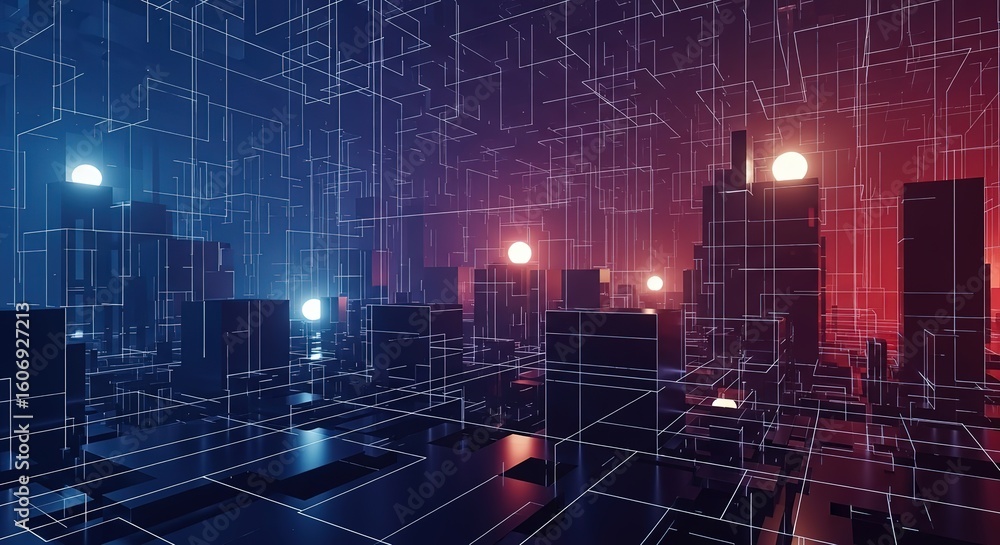 Poster futuristic digital cityscape with glowing neon lights and intricate geometric patterns creating a cy