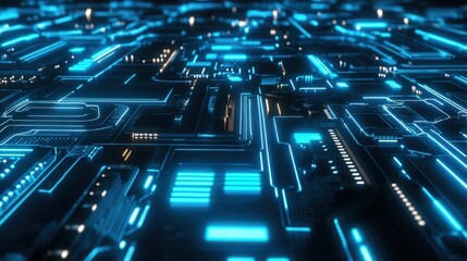 High-tech circuitry with blue neon lights