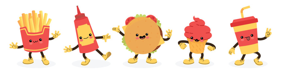 Cute Fast food cartoon characters with different emotions and gestures such as french fries, sauce bottle, hamburger, ice cream and beverage. Perfect for kids education and food content.