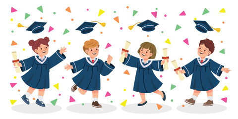 Kids graduation, happy student character in graduation gown and cap for celebration. Flat vector illustrations for academic content.