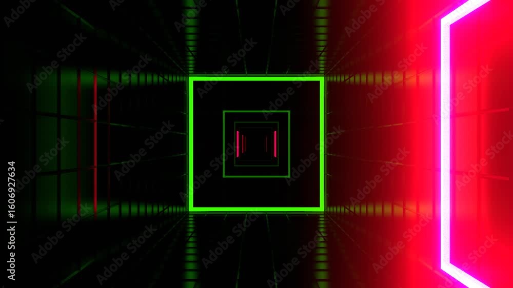 Poster abstract image featuring a tunnel effect created by glowing neon squares in green and red against a 