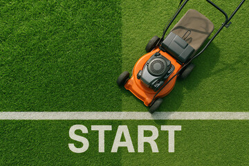 Generative AI: mowing the grass, mowing the lawn with lawnmower. lawn mower on grass next to line and word START
