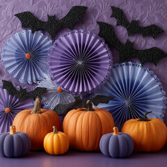 A wall of paper fans and pumpkins with bats. The fans are purple and blue and the bats are black. Scene is spooky and Halloween-themed