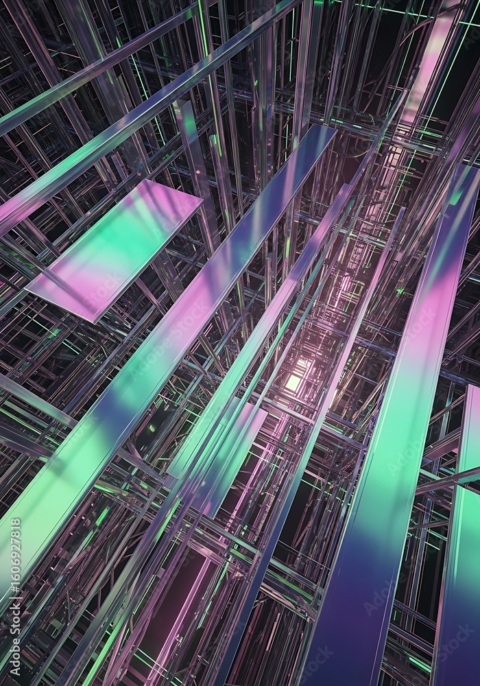 Poster abstract architectural structure with iridescent gradients creating modern digital space