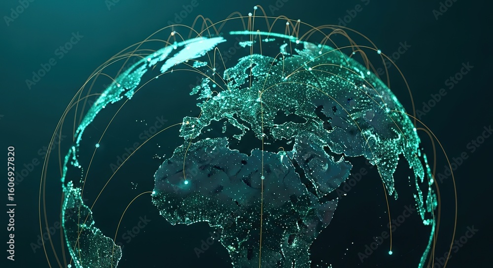 Poster abstract digital globe illustrating global connectivity and data flow in a futuristic teal and green
