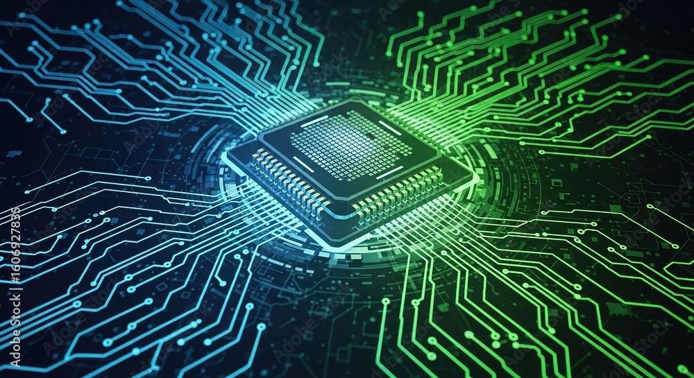 Poster intricate circuit board design with glowing blue and green lines emanating from a central processor