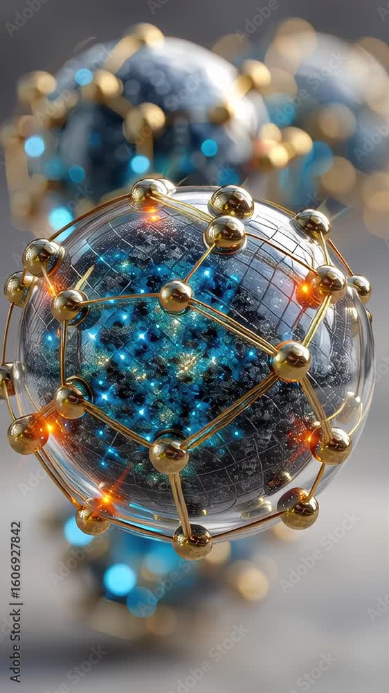 Poster a glowing abstract sphere composed of dark orbs and golden network-like filaments, encased in a tran